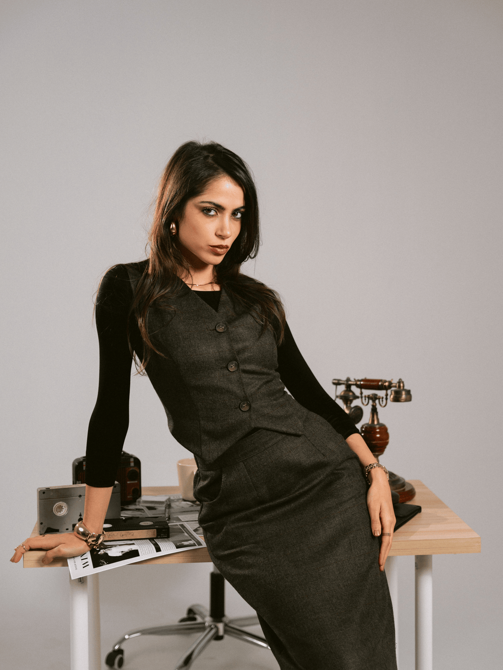 ESPRESSO BROWN VEST-SKIRT SET