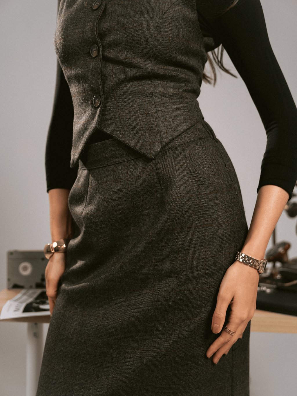 ESPRESSO BROWN VEST-SKIRT SET
