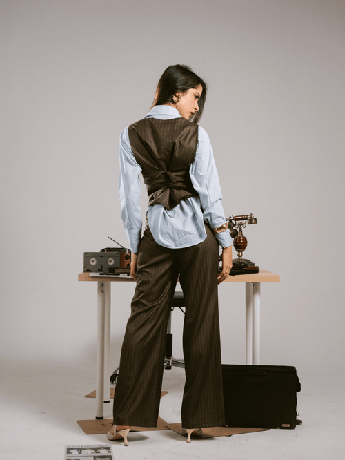 AMBER BROWN STRIPED VEST-PANTS SET