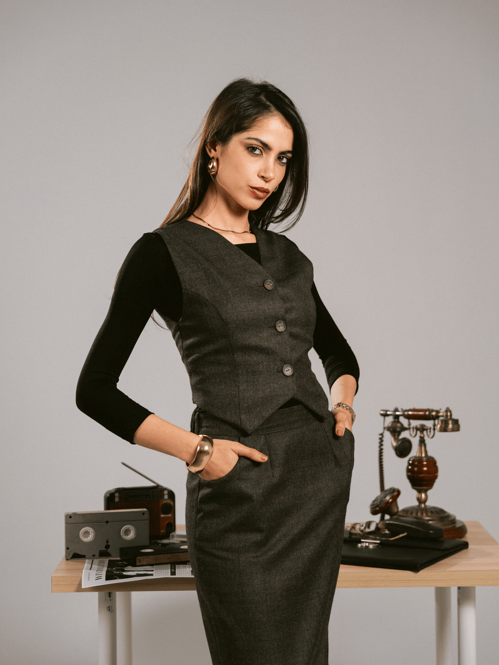 ESPRESSO BROWN VEST-SKIRT SET