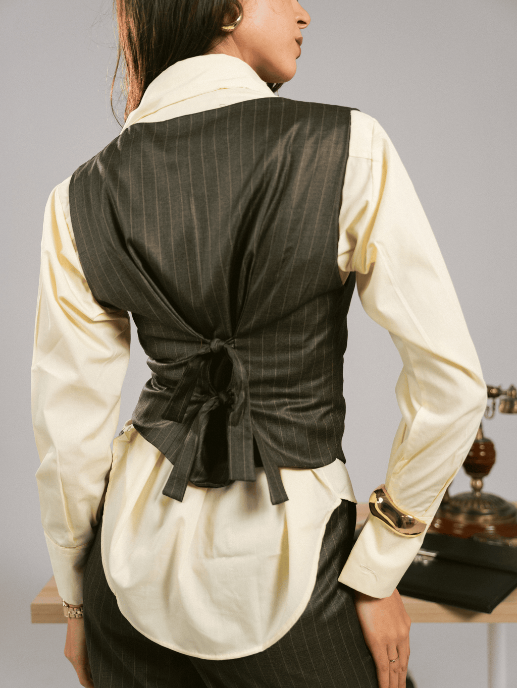 ASH OLIVE STRIPED VEST-PANTS SET