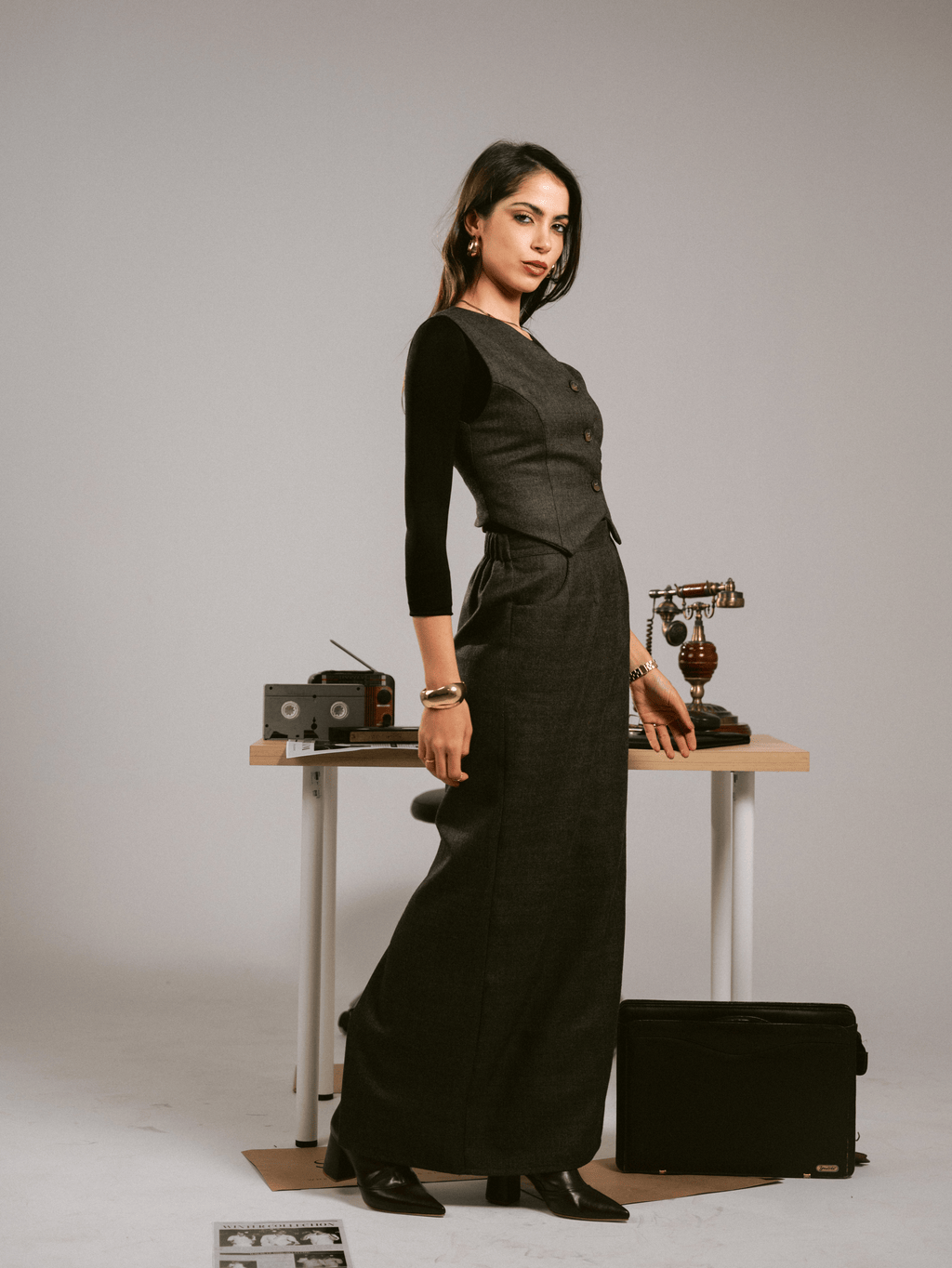 ESPRESSO BROWN VEST-SKIRT SET