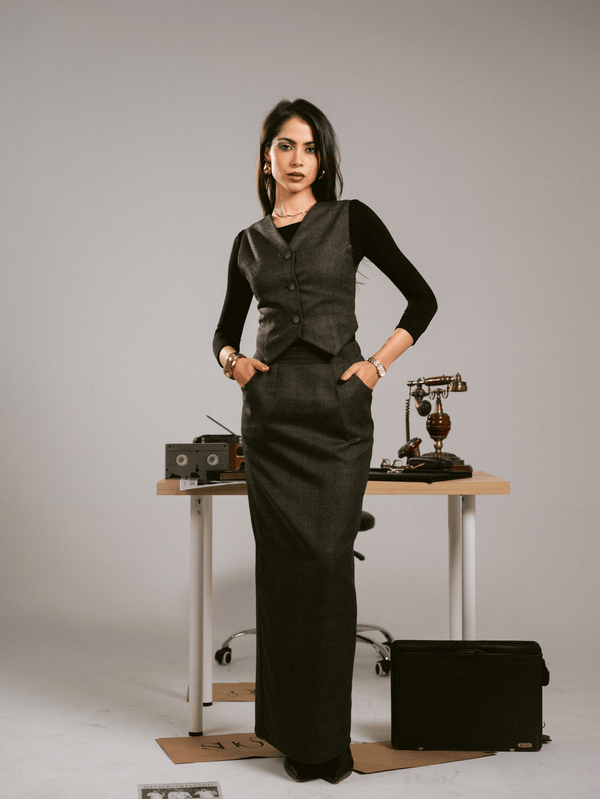 ESPRESSO BROWN VEST-SKIRT SET