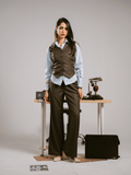 AMBER BROWN STRIPED VEST-PANTS SET